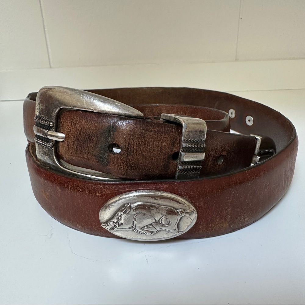 ENMON NCAA Arkansas Razorback Brown Leather Concho Belt Italian Leather SIZE 34